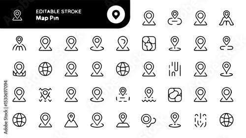 Editable stroke icon set of map pin and location concepts, featuring minimalist black line icons for navigation, landmarks, directions, and geolocation tools on a white background.