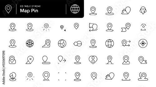 Editable stroke icon set of map pin and location concepts, featuring minimalist black line icons for navigation, landmarks, directions, and geolocation tools on a white background.