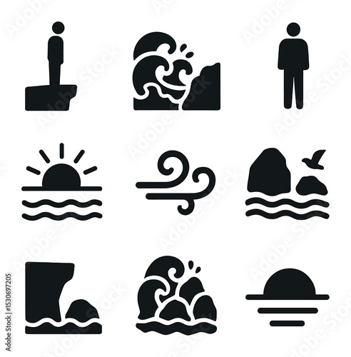 Ocean Cliff Icons. Solid, filled icons set of a person standing on a cliff overlooking the ocean with waves