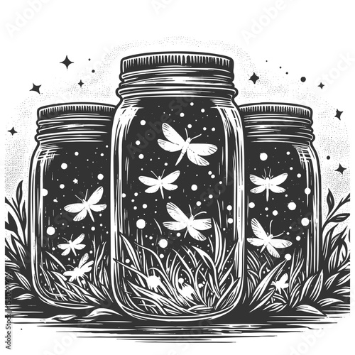 glowing fireflies inside a mason jar surrounded by leaves, with stars twinkling in the night sky sketch engraving generative ai vector illustration. Scratch board imitation. Black and white image.
