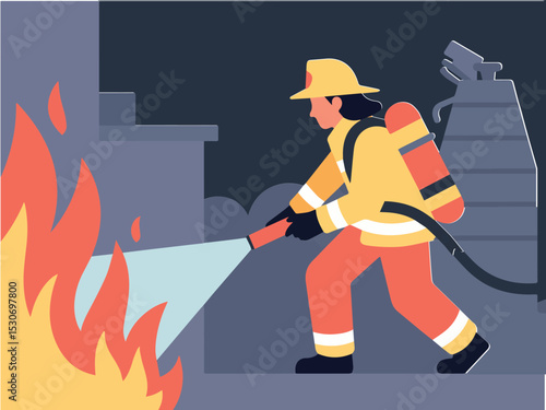 Brave female firefighter extinguishing building fire emergency response red hose hero flat duty woman