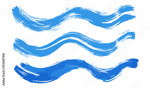 Wavy ultramarine sea wave brush strokes, cobalt blue ink texture elements, hand-drawn beach highlight lines, thick wiggly calligraphy flow, ocean painting, vector illustration.