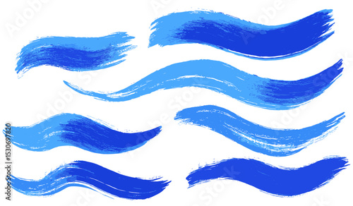 Blue sea wave brush stroke set, wavy ultramarine line ink texture elements, cobalt hand-drawn summer beach strokes, wide thick wiggly calligraphy ink flow lines, vector illustration.