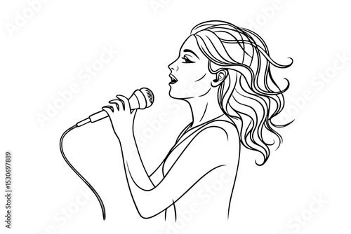 Young singer continuous line art drawing isolated on transparent background