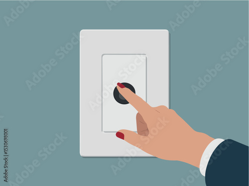 Woman hand pressing light switch button power energy electricity off red home flat nail room clean