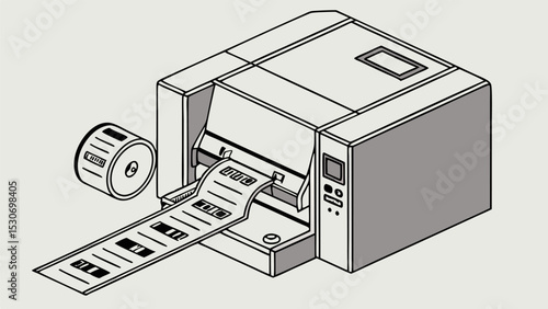 A printer printing a long paper roll with black designs and a paper roll next to the printer machine