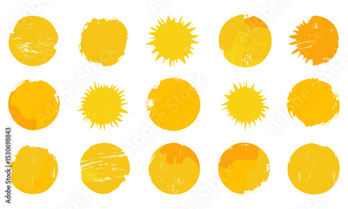 Brush sun stamps, distressed golden stamps, abstract yellow suns, rough grungy circles, orange summer frames, hand-drawn round labels, watercolor brushstrokes, round ink texture badges.