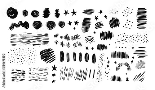 Charcoal brush strokes, hand-drawn scribbles, chalk doodle set, stars and rainbows, kids sketch lines, vector illustration, underlines, pencil textures, cutout elements, minimal art design.