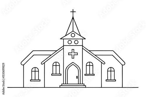 Single continuous line church drawing illustration isolated on transparent background