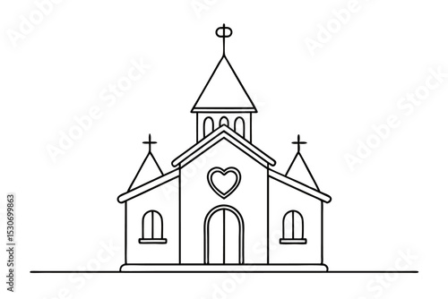Single continuous line church drawing illustration isolated on transparent background