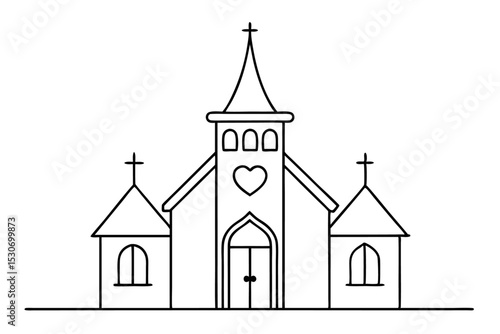 Single continuous line church drawing illustration isolated on transparent background