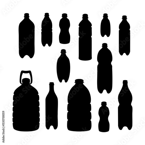 Drink container silhouettes. Mineral bottle icons. Black and white Vector Illustration