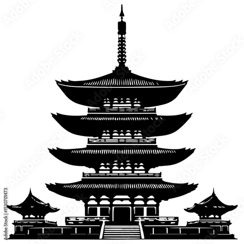 Elegant oriental pagoda vector emblem with multiple stacked roofs and ornate finial in striking monochrome silhouette