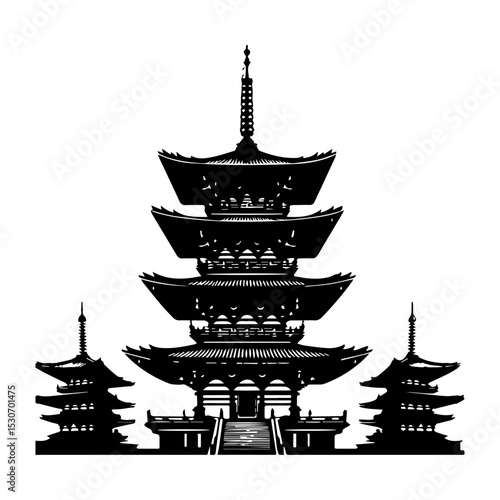 Elegant oriental pagoda vector emblem with multiple stacked roofs and ornate finial in striking monochrome silhouette