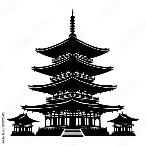 Elegant oriental pagoda vector emblem with multiple stacked roofs and ornate finial in striking monochrome silhouette