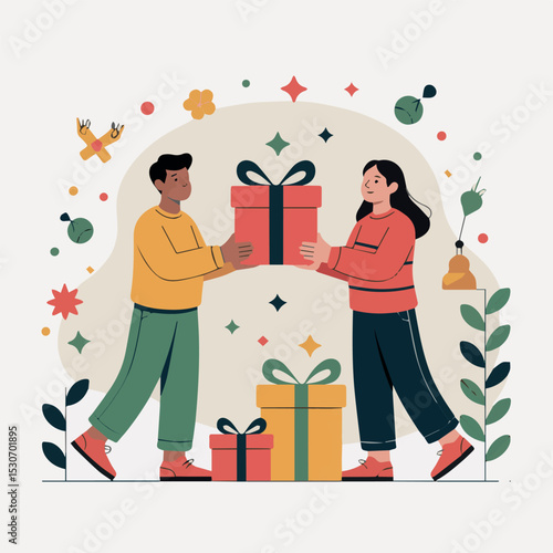 Festive couple exchanging gifts in joyful celebration with colorful presents and love