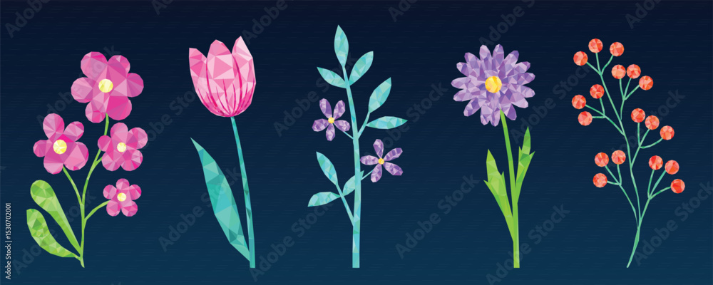 Obraz premium Geometric Low Poly Flowers Vector Set on Dark Background.