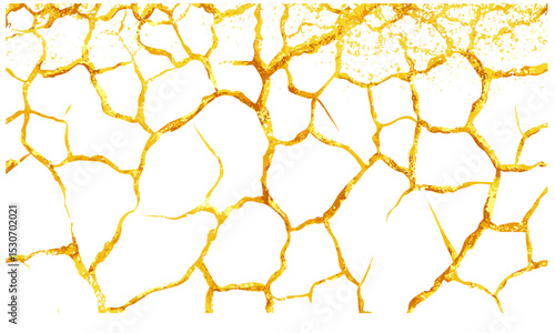 Shimmering golden streaks, gold cracks decoration on white background, kintsugi texture, Japanese imperfection art, vector illustration, metallic lines, abstract background, luxury design, cutout.