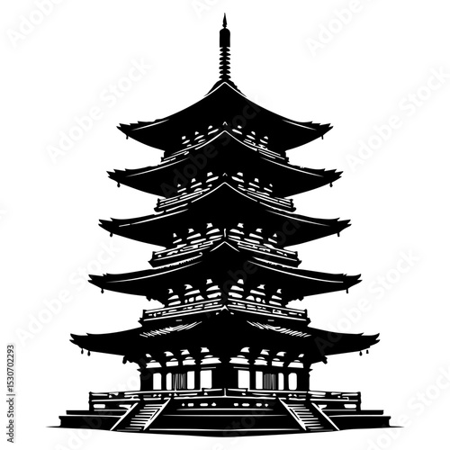 Traditional Japanese pagoda silhouette logo featuring multiple tiered roofs and ornate spires in bold black vector illustration