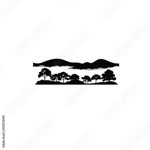 fog rolling over a quiet hillside silhouette on white background