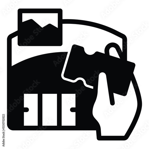 Exhibition center and hand with ticket solid icon, exhibition concept. Vector graphics. Building, presentation hangar sign on white background, style mobile or design.