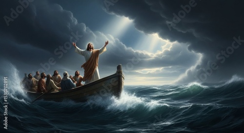 Jesus calming storm amidst disciples, a testament to divine power and faith