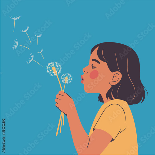 Happy girl blowing dandelion seeds in summer with dreamy childhood vibe