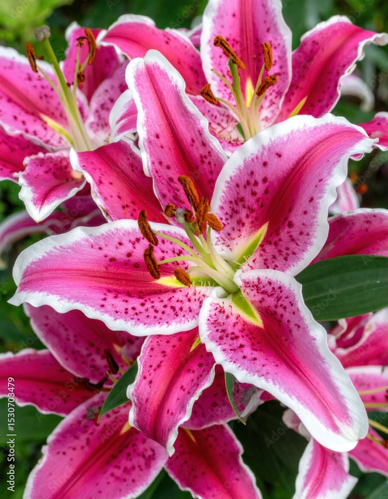 Vibrant close-up of pink and white Stargazer lilies with prominent stamens set against lush green foliage. Vibrant close-up of pink and white Stargazer lilies with prominent stamens set against lush green foliage.