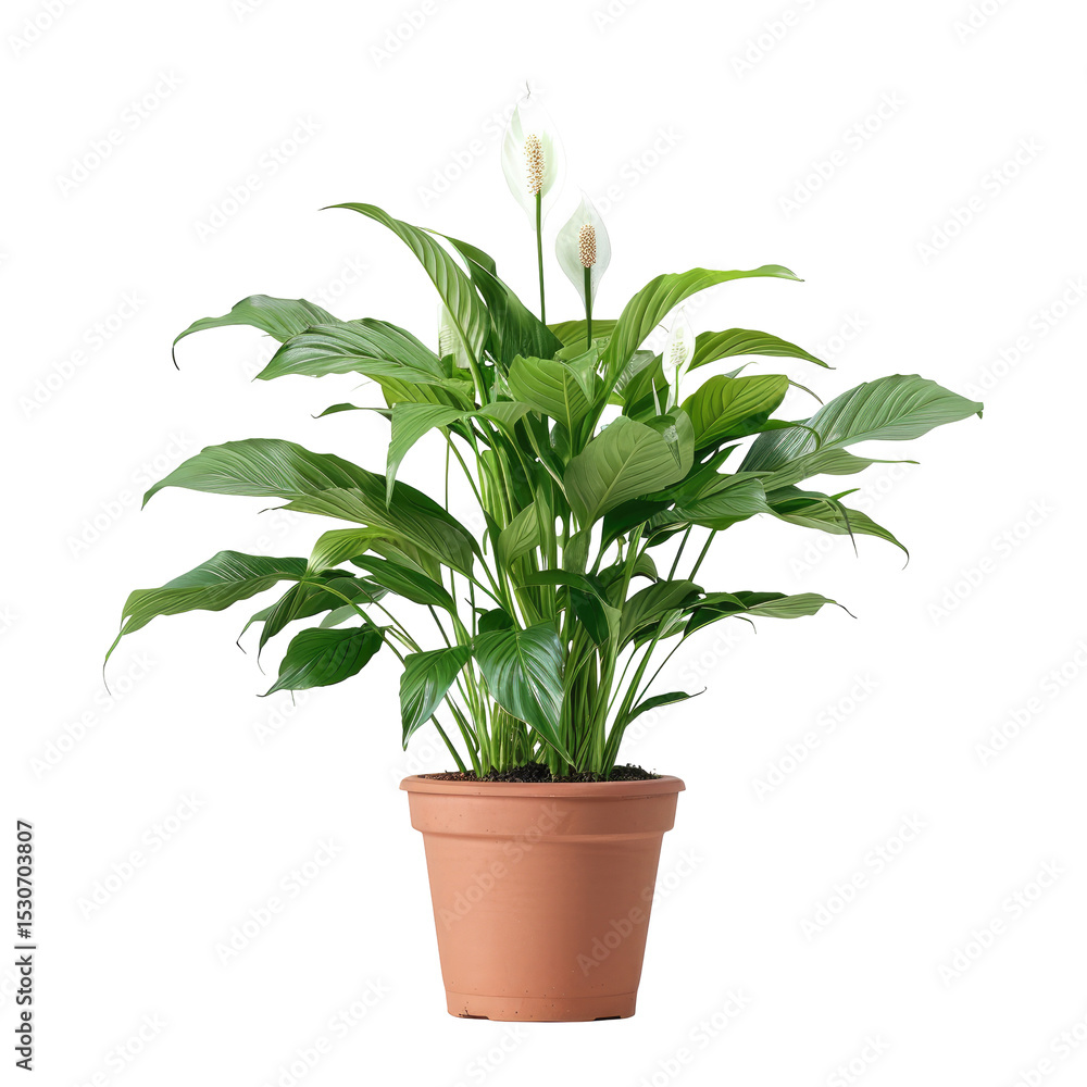 Fototapeta premium Peace Lily In Pot On White Background. Elegant Indoor Plant.