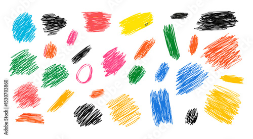 Playful colorful grungy vector illustration, hand-drawn scribble elements, textured childish hatching, bright charcoal pencil marks, kids doodle scratches, creative sketch lines, art design.