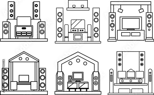 Set of Home theater system black outline vector and illustration, coloring book page