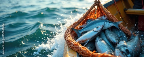 A fishing boat hauling in a net full of glistening fish, the ocean spray adding to the scene's vibrancy The sun shines brightly, highlighting the abundance of the catch , sea, trawl net, sunlight