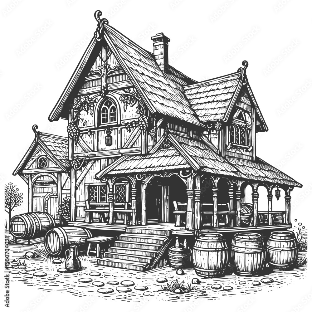 Fototapeta premium rustic tavern cottage with barrels, wooden cart, flowers, and detailed architecture sketch engraving generative ai vector illustration. Scratch board imitation. Black and white image.