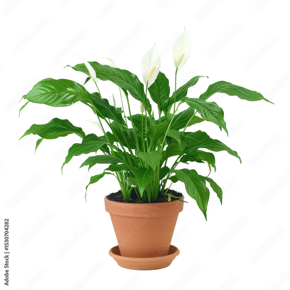 Fototapeta premium Peace Lily In Pot, On A White Background. Perfect For Adding A Touch Of Nature To Any Project.