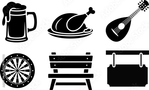Vector pub elements beer chicken mandolin dartboard bench sign for design and decoration isolated set editable stock vector illustration