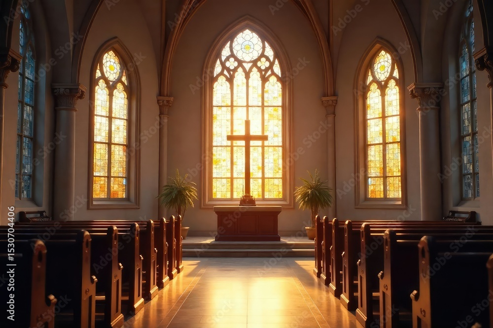 Fototapeta premium A peaceful sanctuary filled with soft light illuminating stained-glass windows and a simple altar, creating a serene atmosphere of reverence and prayer , sanctuary, holy spirit, adoration