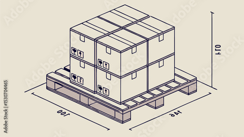 Isometric view of eight boxes stacked on a pallet with dimensions indicated on the sides of the pallet