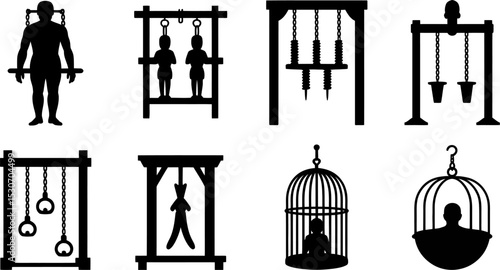 Silhouette torture devices set vector illustration for dark ages and medieval times concept graphic design editable stock vector illustration