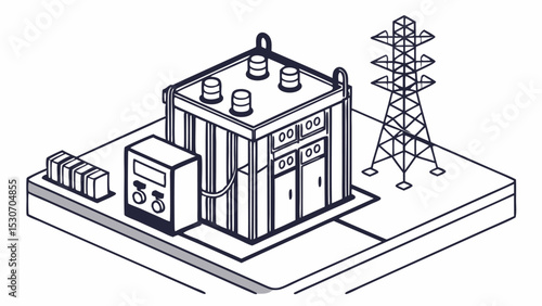 Isometric view of an electrical substation with transformer boxes and a transmission tower in black outline