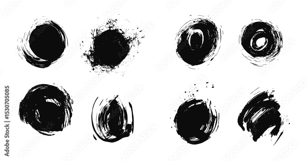 Grungy ink brush strokes, dry distress trace elements, punk paint texture, round scribble shapes, dirty splash brushstroke, vector illustration, abstract grunge texture, cutout.
