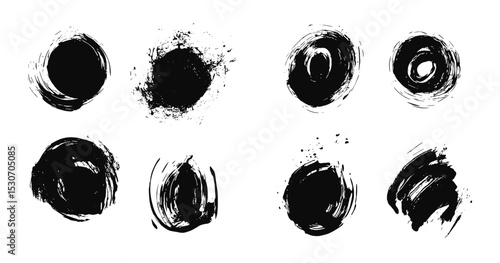 Grungy ink brush strokes, dry distress trace elements, punk paint texture, round scribble shapes, dirty splash brushstroke, vector illustration, abstract grunge texture, cutout.