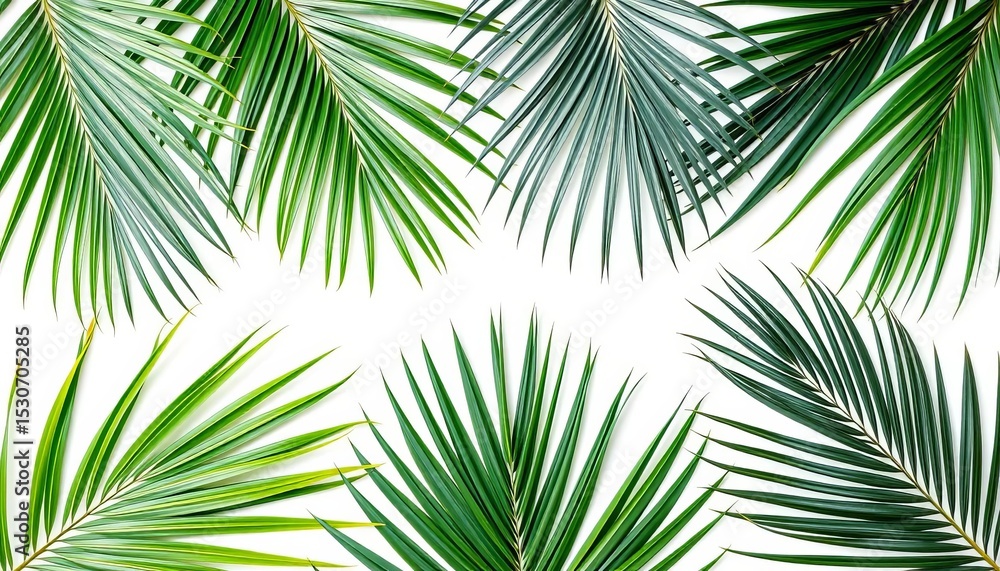 Obraz premium Several vibrant green palm leaves arranged on a pristine white background, closeup, organic
