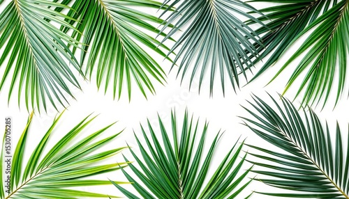 Several vibrant green palm leaves arranged on a pristine white background, closeup, organic