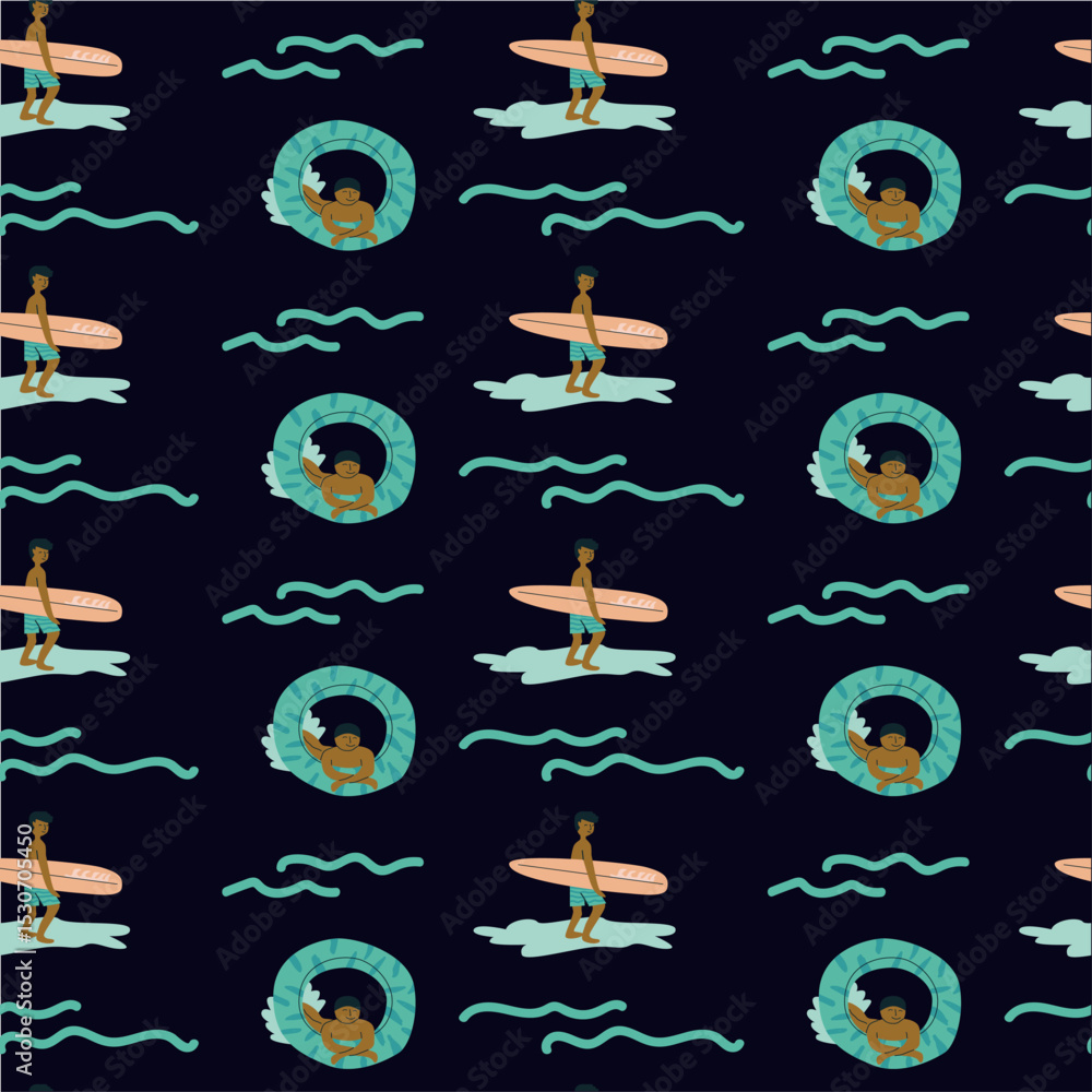 Naklejka premium Surfing pattern with men surfer and ocean waves.