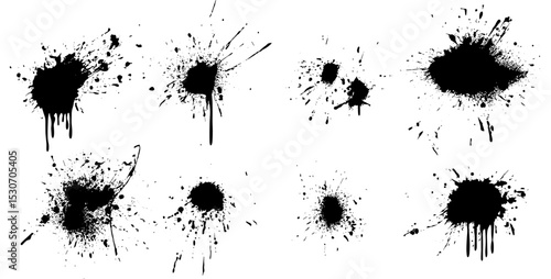 Isolated black ink splash vector illustration, grunge sumi brush textures, calligraphy ink blots, Japanese stroke pattern, ink frame elements, abstract hand-drawn splash.