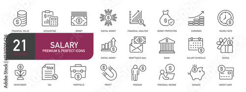 Set of line icons related to salary, income, finance. Outline icons collection. Editable stroke. Vector illustration
