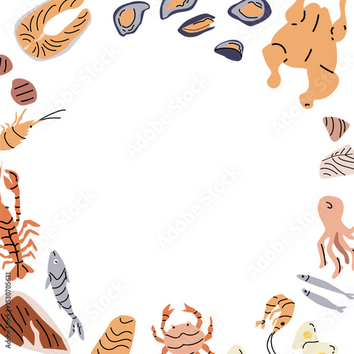 Mediterranean cuisine border design featuring seafood elements for culinary decor.