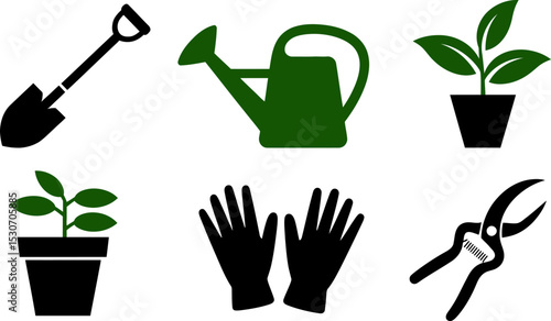 Gardening tools vector illustration of shovel watering can plants gloves and pruning shears icon set 100 char editable stock vector illustration