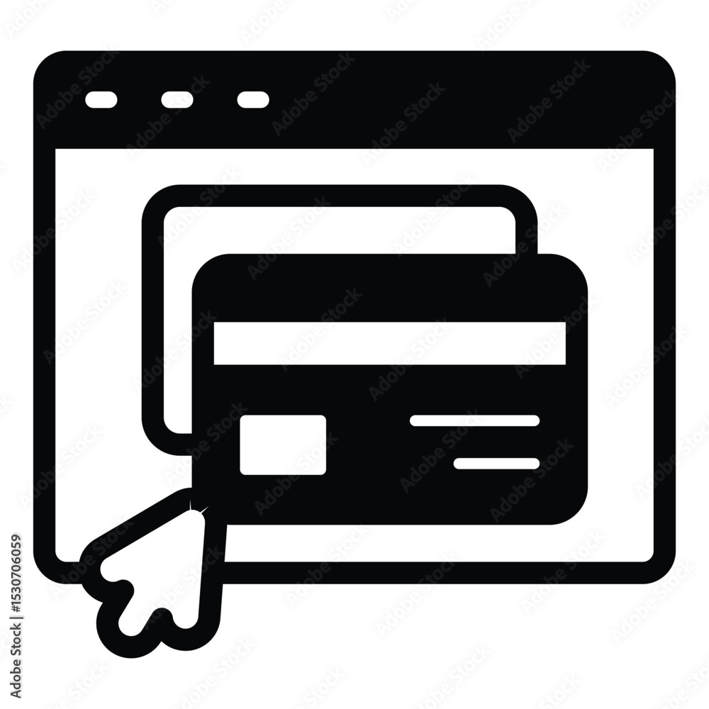 Website with credit cards and mouse cursor solid icon, black friday concept. Vector graphics. Page with payment window sign on white background, style mobile or design. Website with credit cards and mouse cursor solid icon, black friday concept. Vector graphics. Page with payment window sign on white background, style mobile or design.