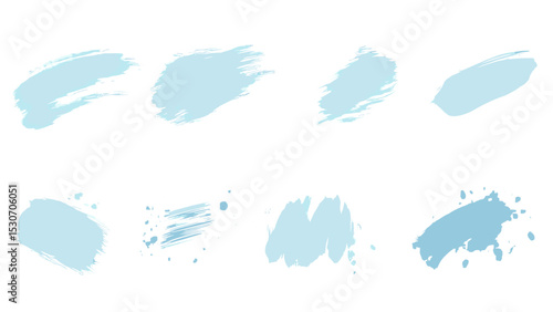Grunge brushstroke splatters, light blue ink stains, winter pale spots and splashes, snow smear frames, abstract paint daubs, vector illustration, frost texture, creative paint effects.